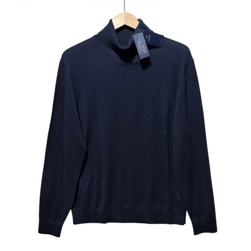 NWT Nautica Navtech Mock Neck Turtleneck Sweater Blue Mens L Cotton Blend $79